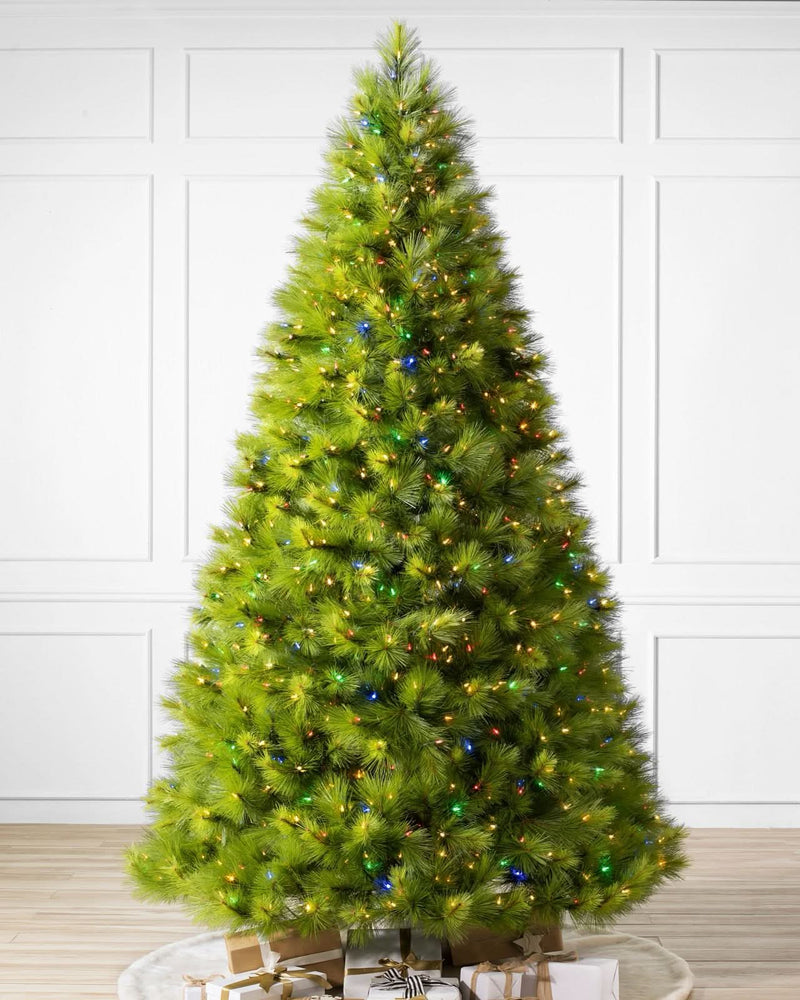 Árbol de Navidad verde de pino de Monterey con ramas largas, soporte de metal y micro LED de colores integrados.
